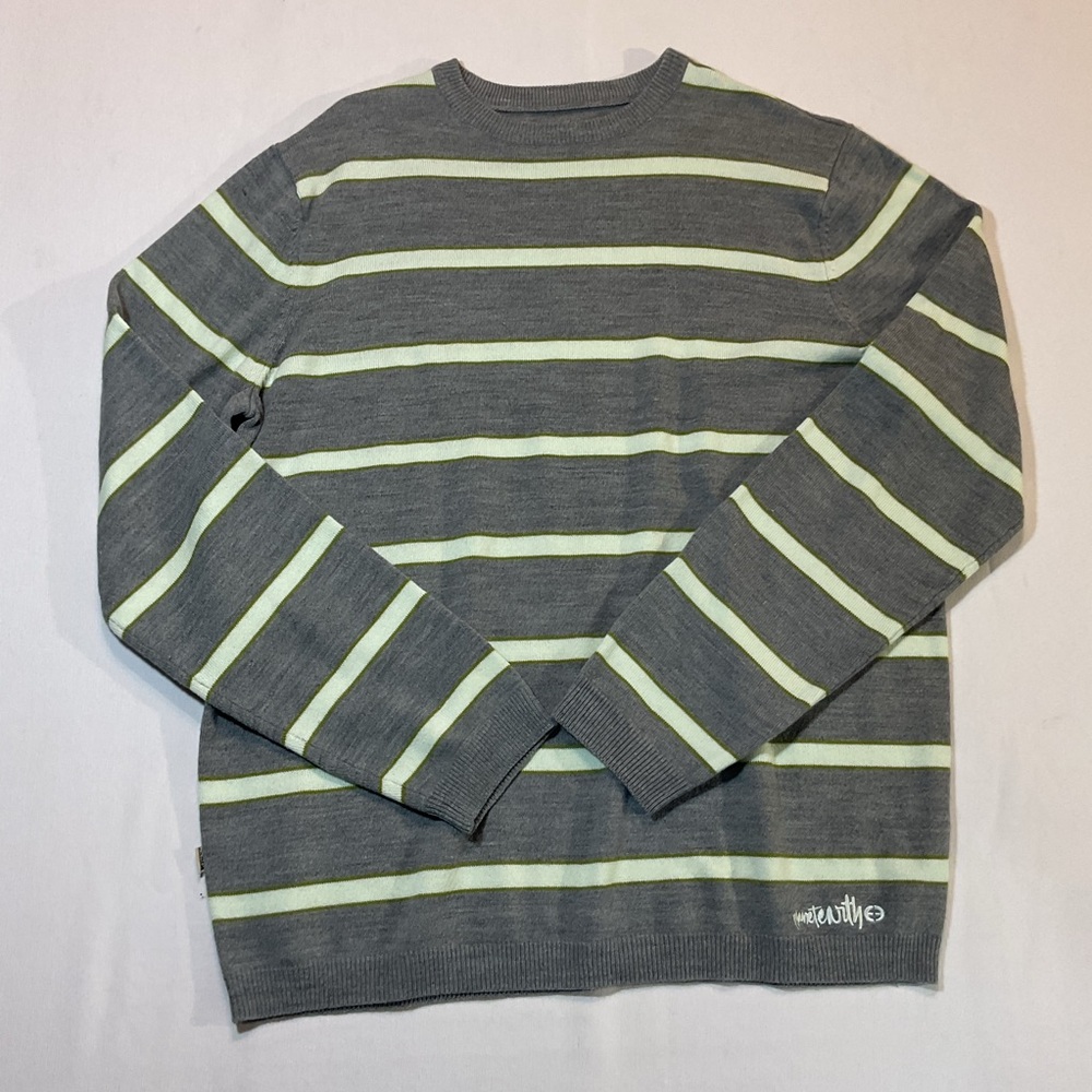 Planet Earth Gray/White & Green Accents Striped Sweater, Size M Crewneck Sweater
